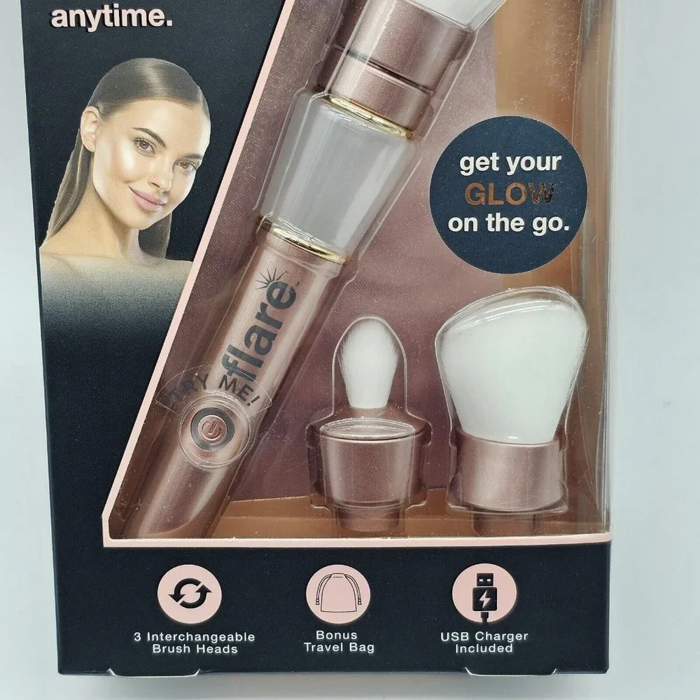 Flare Light Up Makeup Brush Rechargeable Heads Rose Gold Travel Bag USB Charger